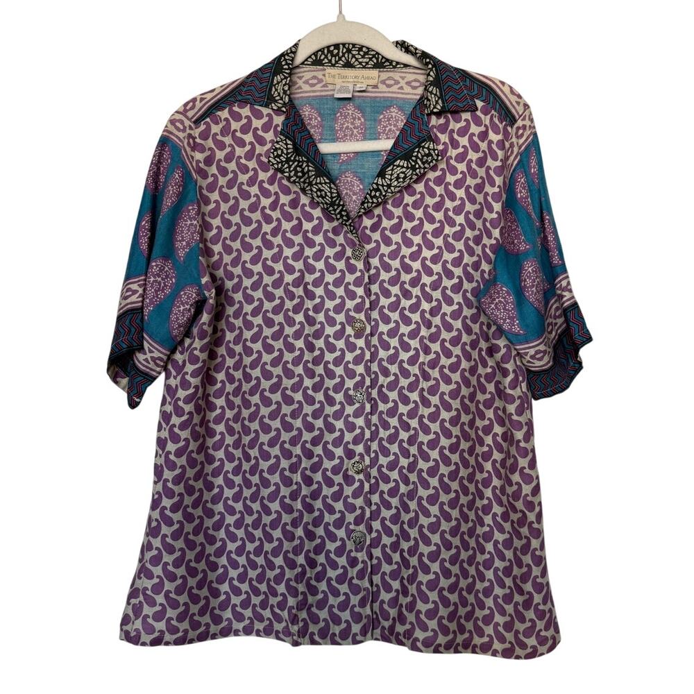 The Territory Ahead M Silk Rayon Blouse Purple Teal Paisley Camp Shirt Buttons
